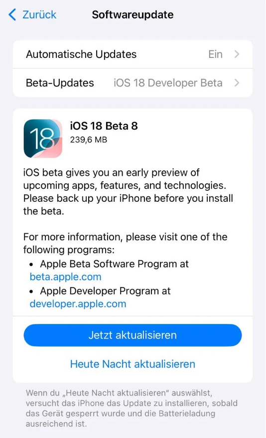 扎赉特苹果手机维修分享苹果 iOS / iPadOS 18 开发者预览版 Beta 8 发布 